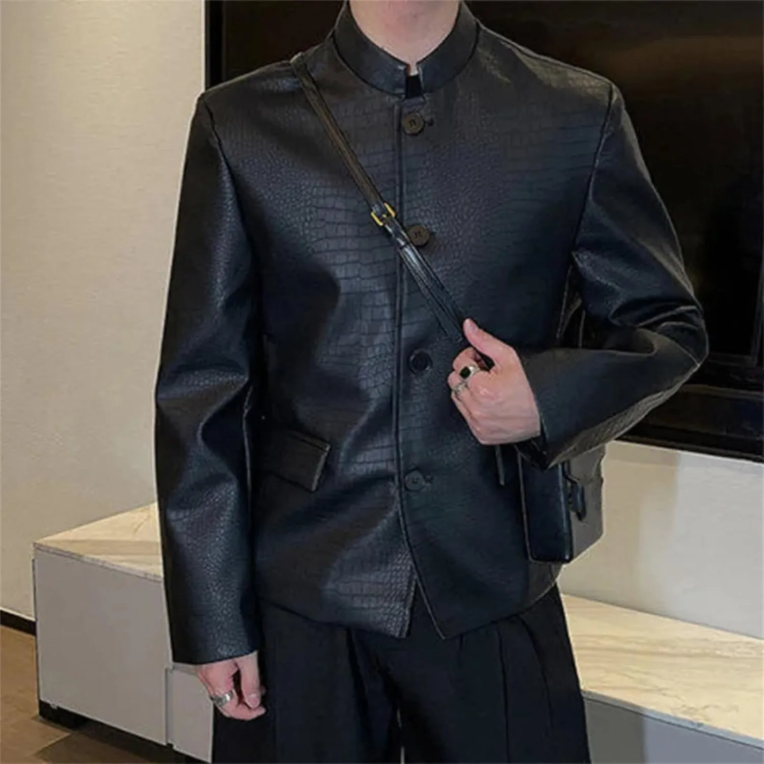 Men's Spring Chinese Style Solid Color PU Leather Jacket Stand Collar Single Breasted Stylish Jacket Suit Coat