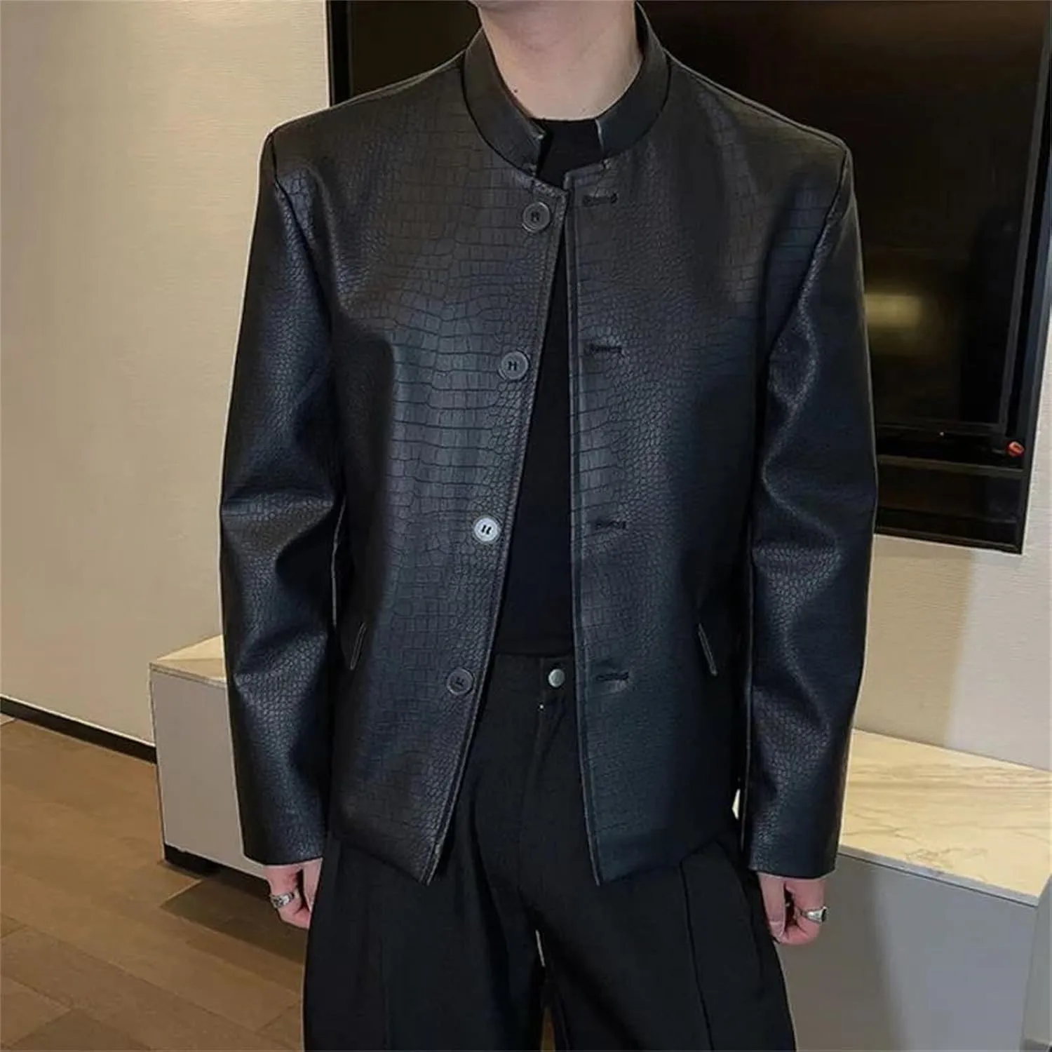 Men's Spring Chinese Style Solid Color PU Leather Jacket Stand Collar Single Breasted Stylish Jacket Suit Coat