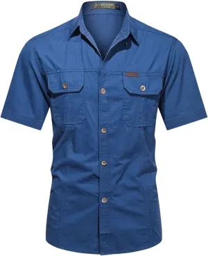 Men's Thin Short Sleeved Shirts Outdoor Work Clothes Multi Bag Half Sleeved Tops Pure Cotton Washed Shirts