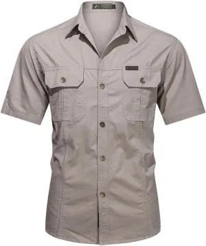 Men's Thin Short Sleeved Shirts Outdoor Work Clothes Multi Bag Half Sleeved Tops Pure Cotton Washed Shirts