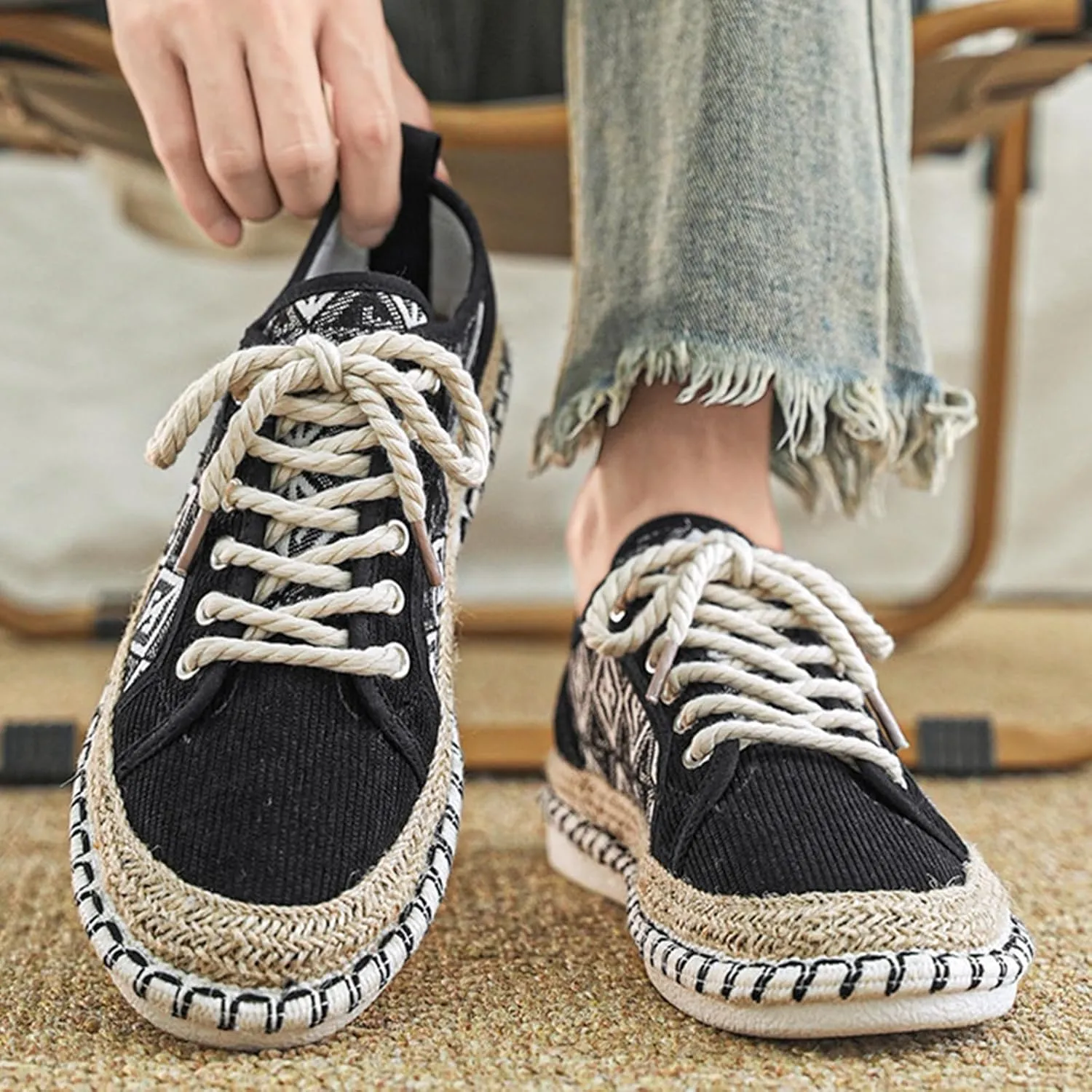 Men's Trendy Ethnic Style Low Top Slip On Shoes, Comfortable Non-Slip Breathable Lace-Up Sneakers, for Men's Outdoor Activities Fisherman Shoes