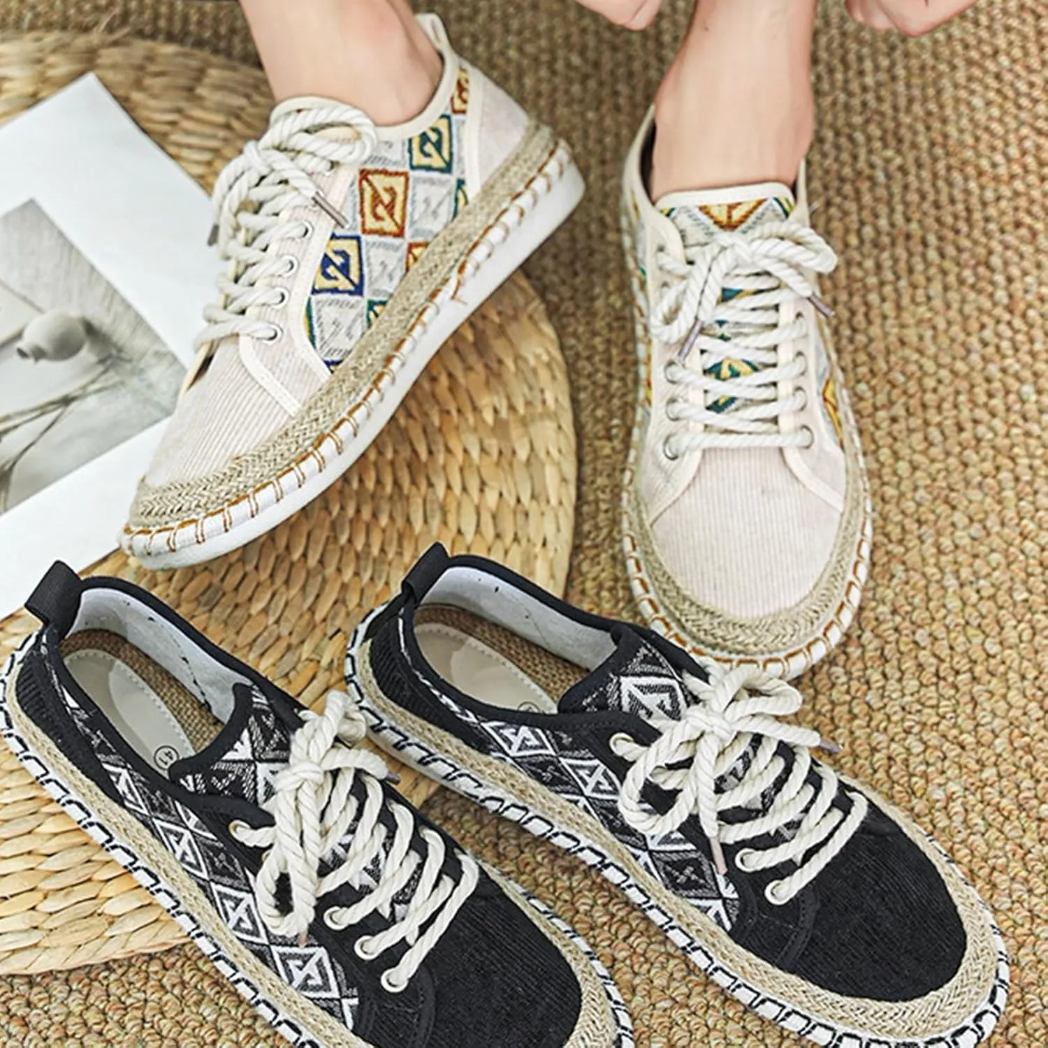 Men's Trendy Ethnic Style Low Top Slip On Shoes, Comfortable Non-Slip Breathable Lace-Up Sneakers, for Men's Outdoor Activities Fisherman Shoes