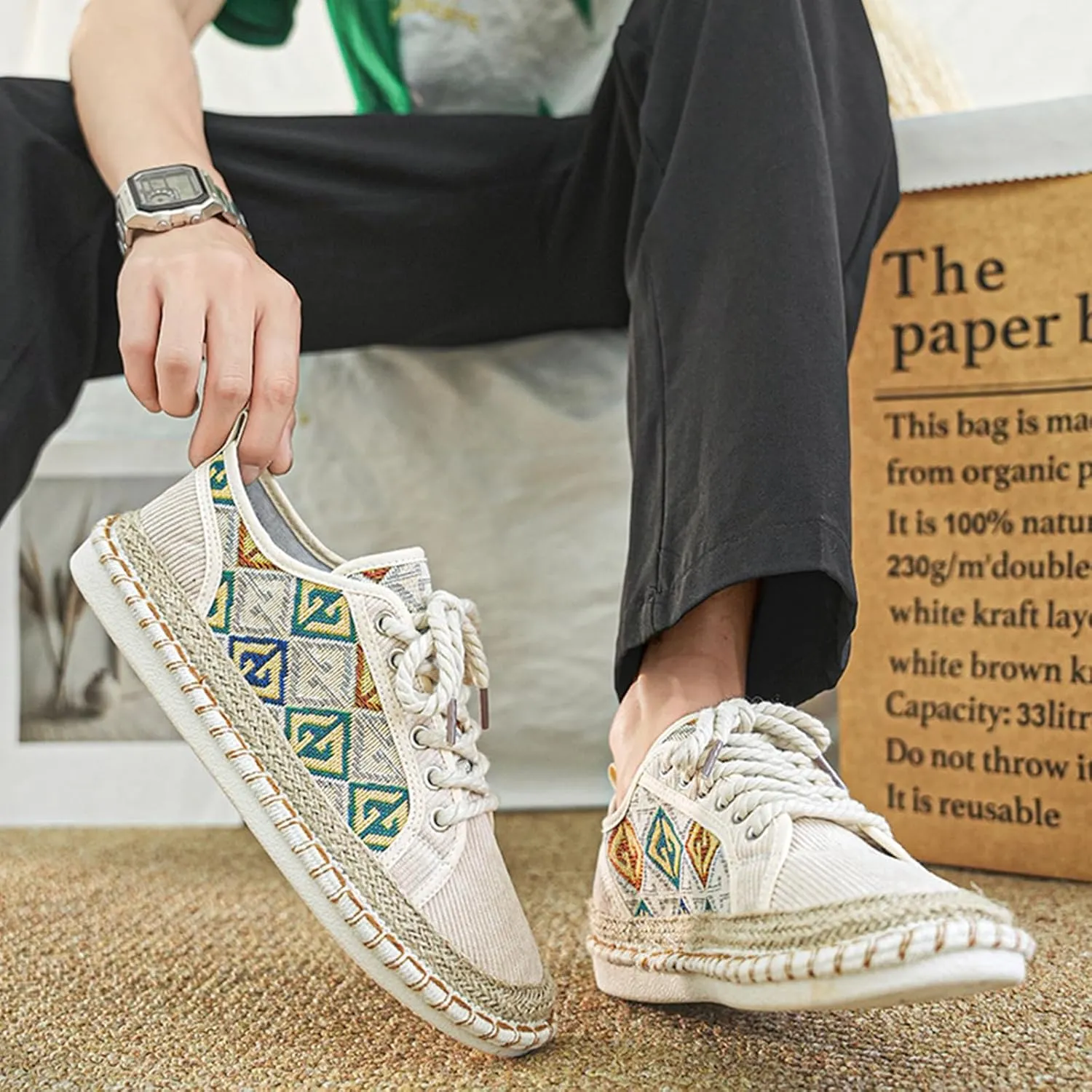Men's Trendy Ethnic Style Low Top Slip On Shoes, Comfortable Non-Slip Breathable Lace-Up Sneakers, for Men's Outdoor Activities Fisherman Shoes