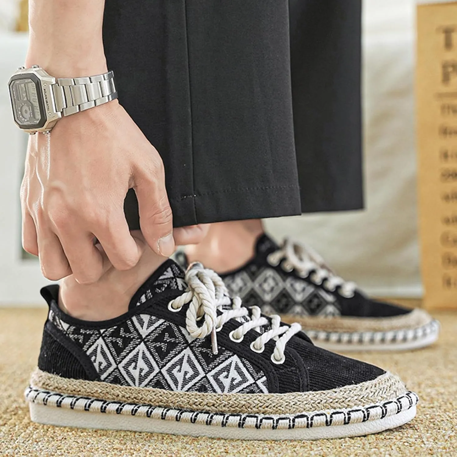 Men's Trendy Ethnic Style Low Top Slip On Shoes, Comfortable Non-Slip Breathable Lace-Up Sneakers, for Men's Outdoor Activities Fisherman Shoes