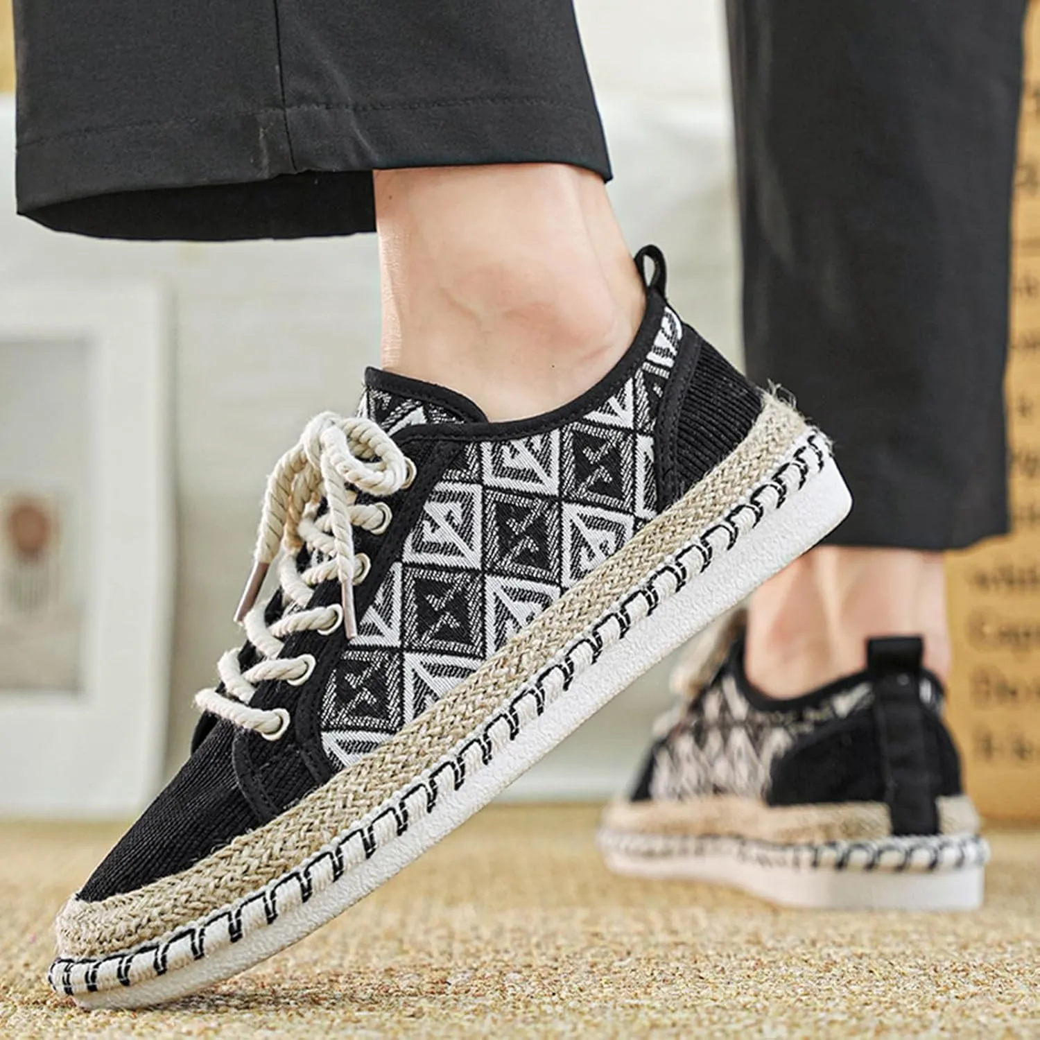 Men's Trendy Ethnic Style Low Top Slip On Shoes, Comfortable Non-Slip Breathable Lace-Up Sneakers, for Men's Outdoor Activities Fisherman Shoes
