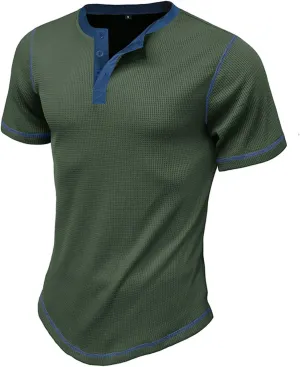 Men's Waffle Henley Shirts Quarter Button Short Sleeve Breathable T Shirts Summer Casual Basic Color Block Tunic Tops