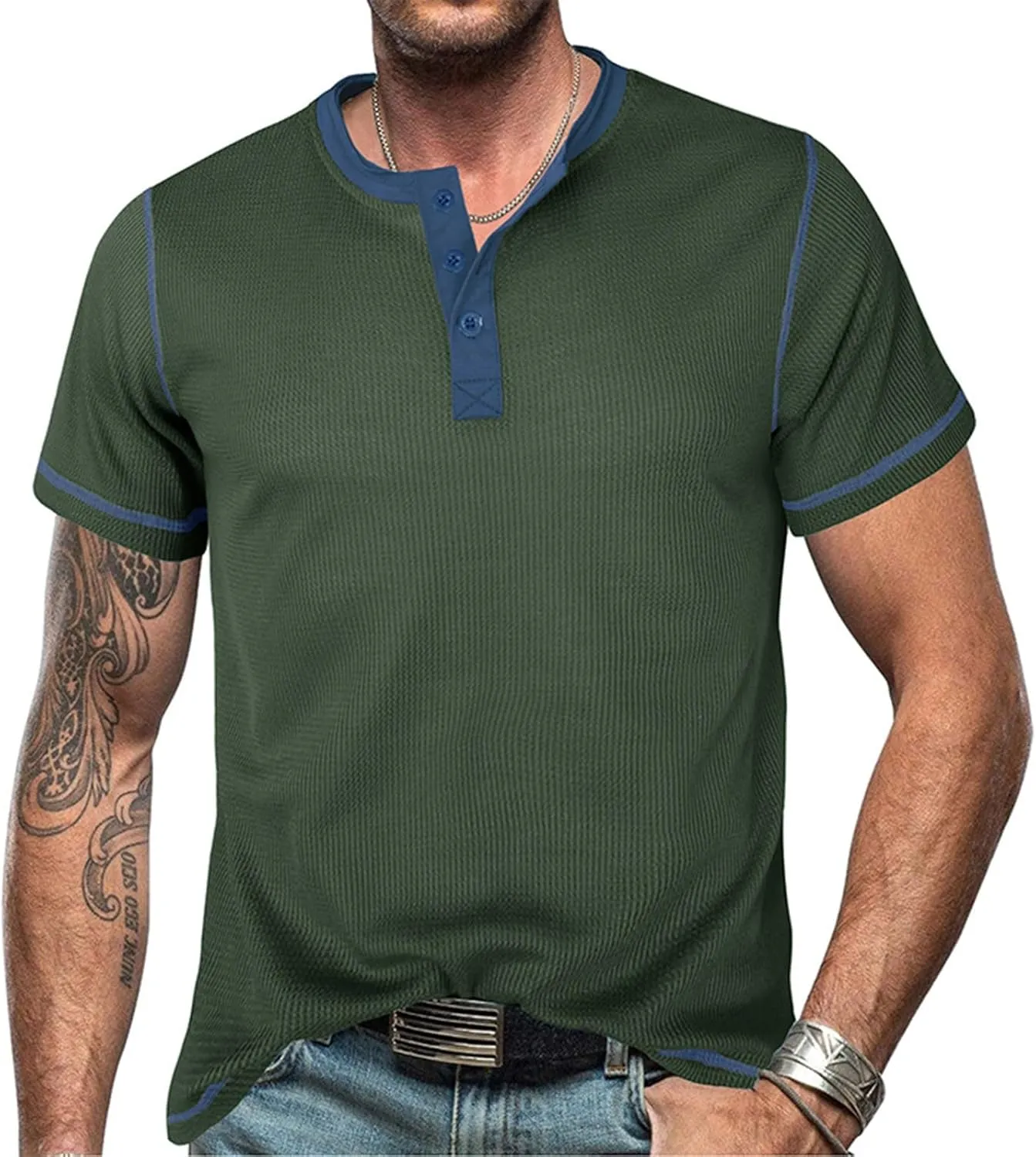 Men's Waffle Henley Shirts Quarter Button Short Sleeve Breathable T Shirts Summer Casual Basic Color Block Tunic Tops