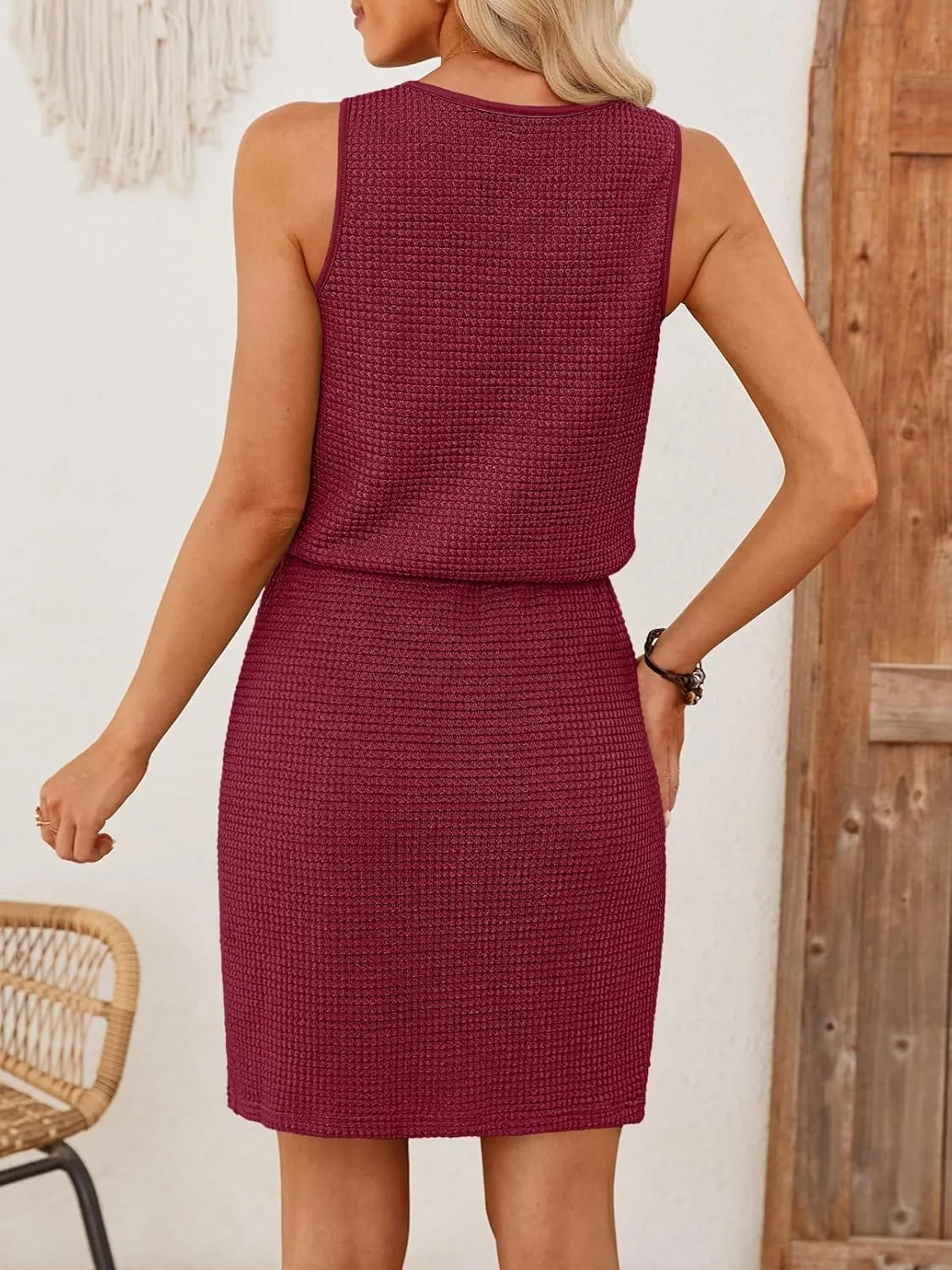 MEROKEETY Women's Summer Mini Sundress Casual Waffle Knit Square Neck Drawstring Beach Tank Dresses