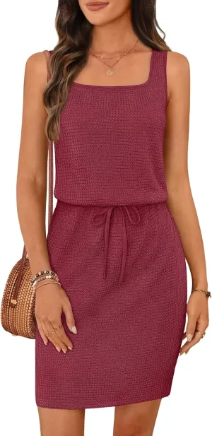 MEROKEETY Women's Summer Mini Sundress Casual Waffle Knit Square Neck Drawstring Beach Tank Dresses