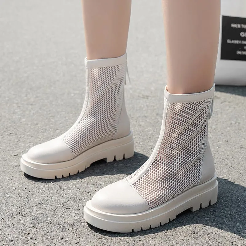 Mesh Boots for Women Platform Combat Mesh Booties Round Toe High Top Sandals Womens Back Zipper Dress Fishnet Boots