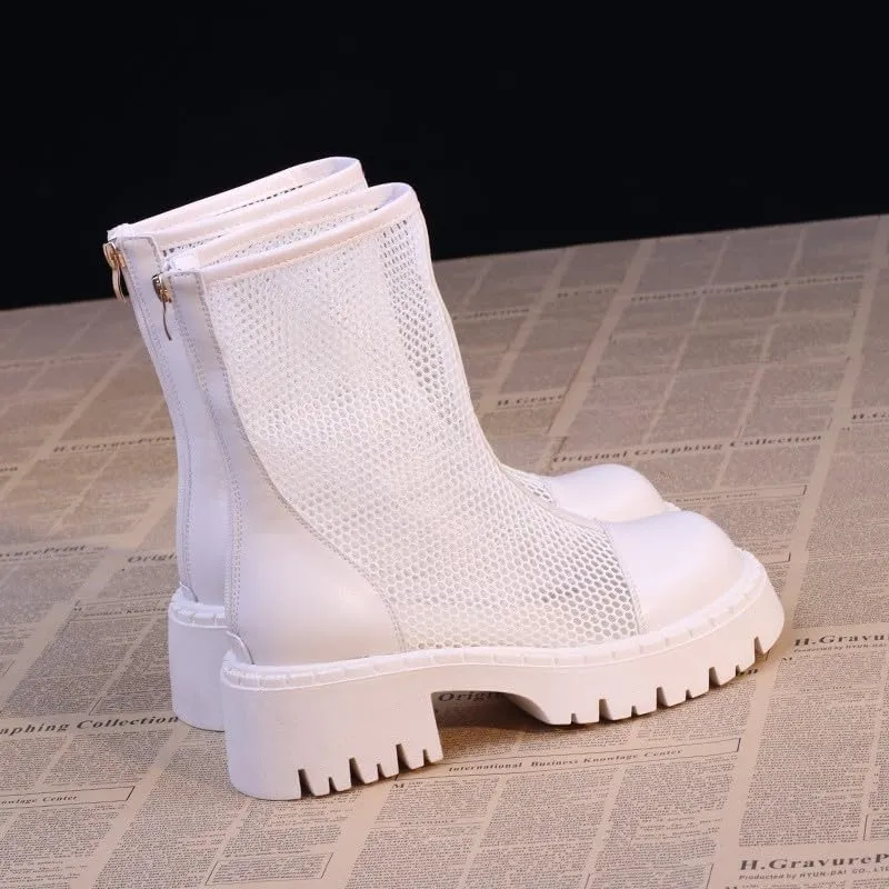 Mesh Boots for Women Platform Combat Mesh Booties Round Toe High Top Sandals Womens Back Zipper Dress Fishnet Boots