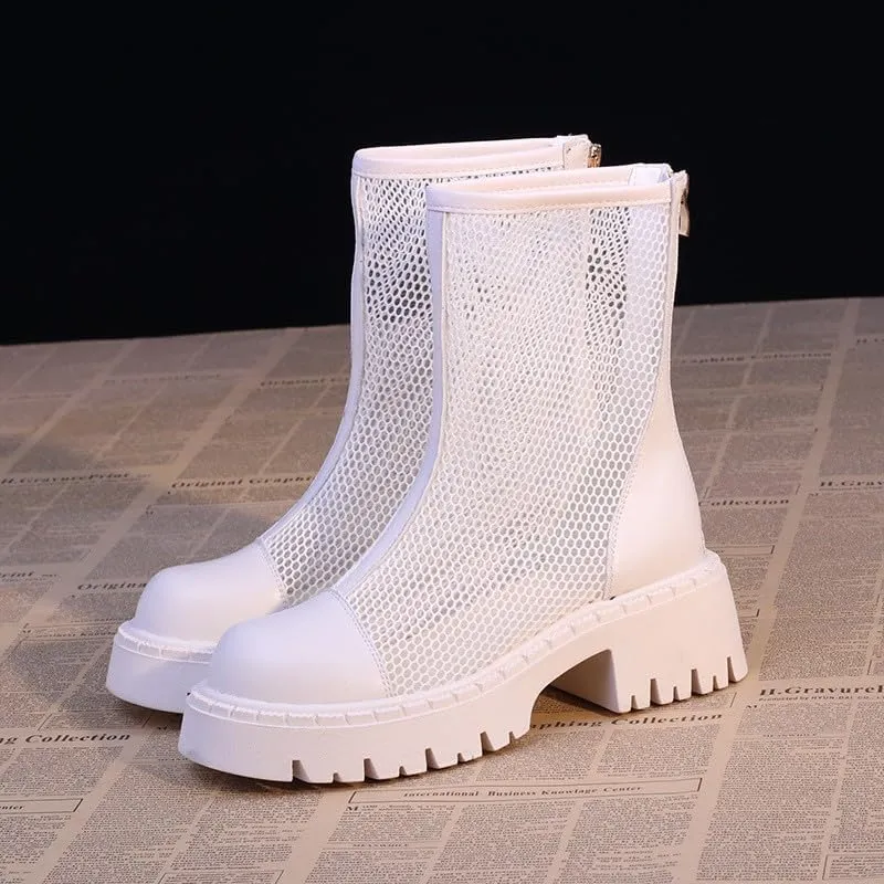 Mesh Boots for Women Platform Combat Mesh Booties Round Toe High Top Sandals Womens Back Zipper Dress Fishnet Boots