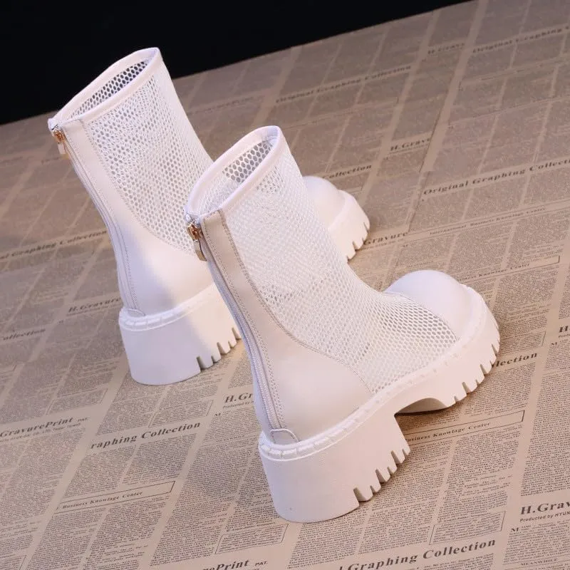 Mesh Boots for Women Platform Combat Mesh Booties Round Toe High Top Sandals Womens Back Zipper Dress Fishnet Boots