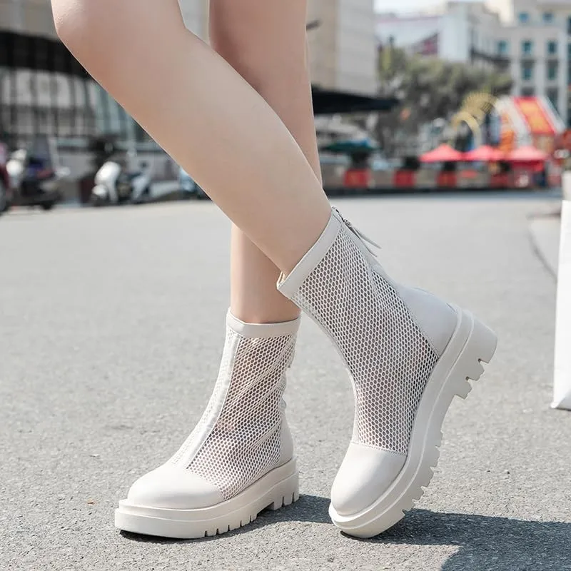 Mesh Boots for Women Platform Combat Mesh Booties Round Toe High Top Sandals Womens Back Zipper Dress Fishnet Boots