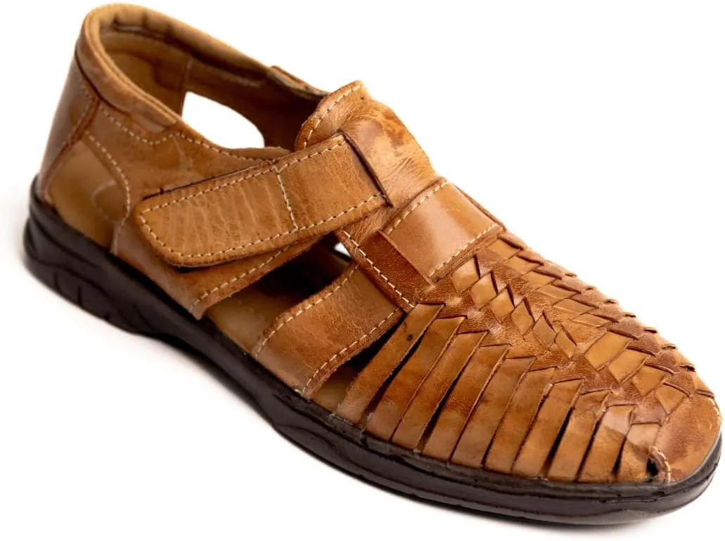 Mexico en la Piel handmade men’s leather fisherman huaraches sandals – genuine leather, adjustable hook-and-loop strap, closed-toe design, casual and comfortable slip-on shoes – available in tan and moka