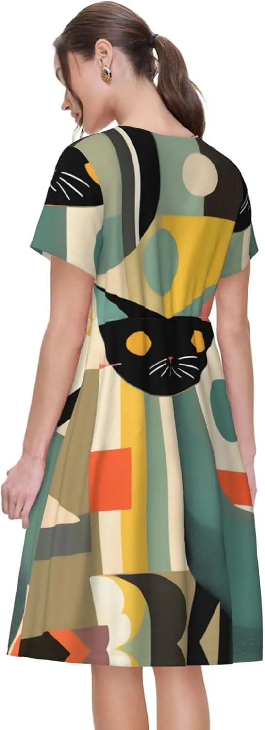 Mid-Century Modern Art Cat Women's Casual Tshirt Short Sleeve Sundress for Party, Outdoor Gatherings with Pockets