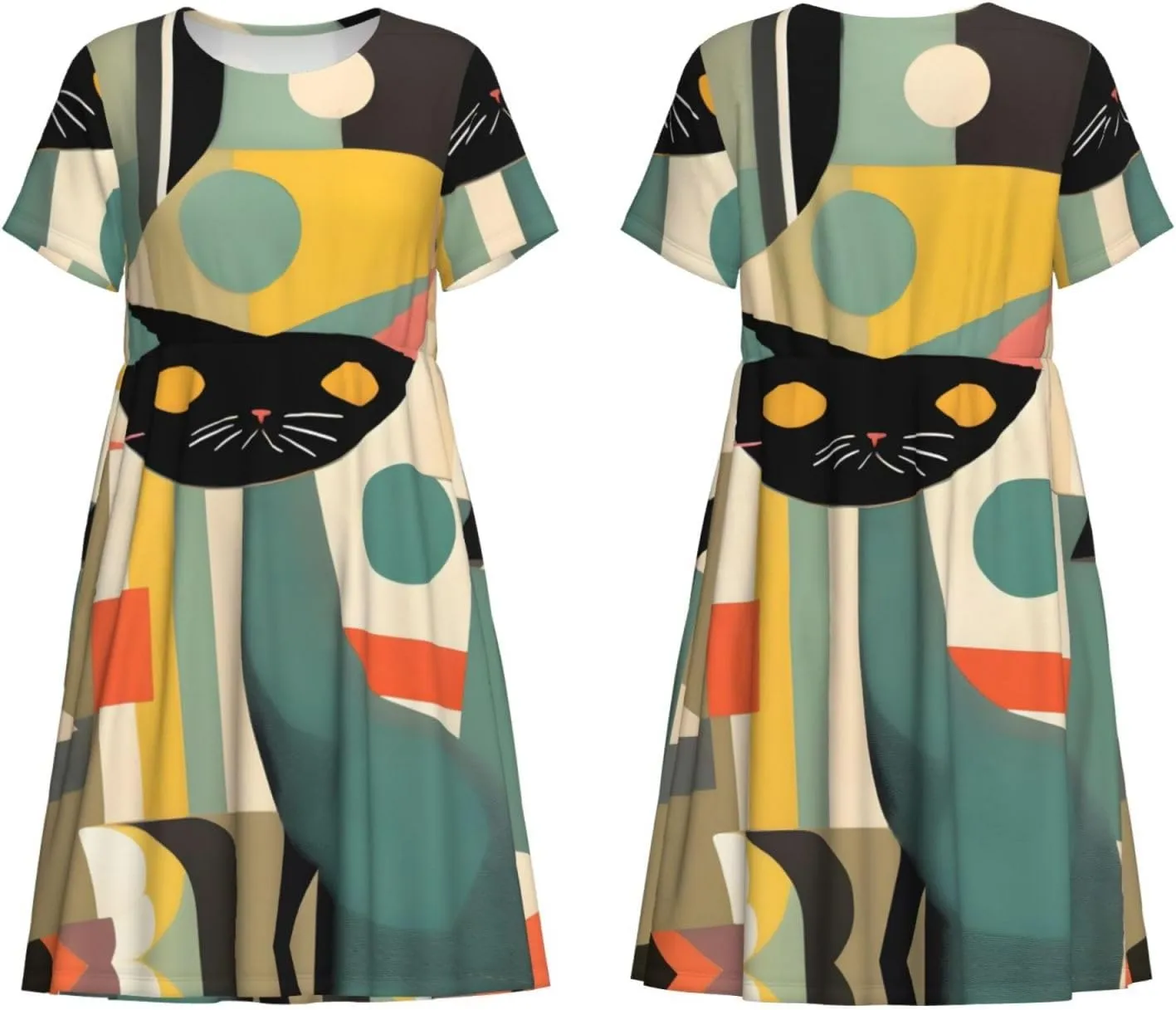 Mid-Century Modern Art Cat Women's Casual Tshirt Short Sleeve Sundress for Party, Outdoor Gatherings with Pockets
