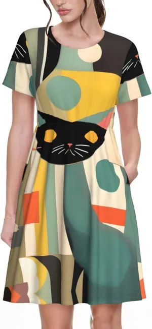 Mid-Century Modern Art Cat Women's Casual Tshirt Short Sleeve Sundress for Party, Outdoor Gatherings with Pockets