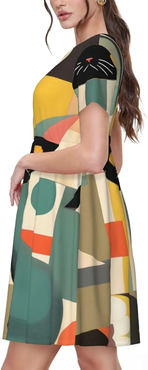 Mid-Century Modern Art Cat Women's Casual Tshirt Short Sleeve Sundress for Party, Outdoor Gatherings with Pockets