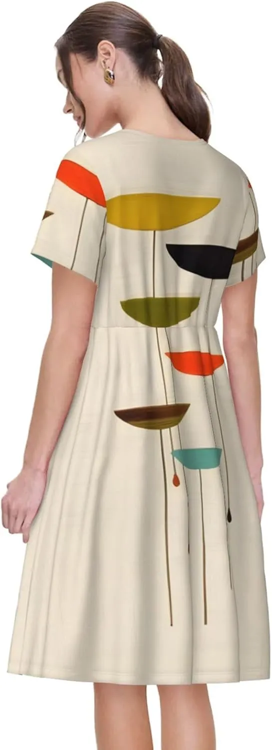 Mid Century Modern Prints Womens Summer Dress Casual Swing Short Sleeve Sundresses for Daily Wear, Shopping