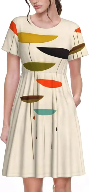 Mid Century Modern Prints Womens Summer Dress Casual Swing Short Sleeve Sundresses for Daily Wear, Shopping