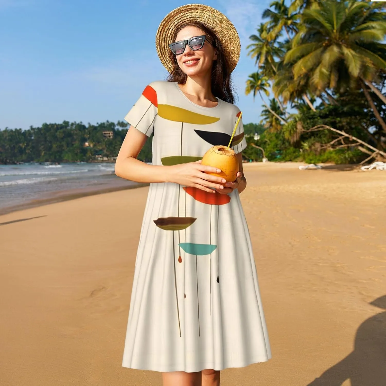 Mid Century Modern Prints Womens Summer Dress Casual Swing Short Sleeve Sundresses for Daily Wear, Shopping