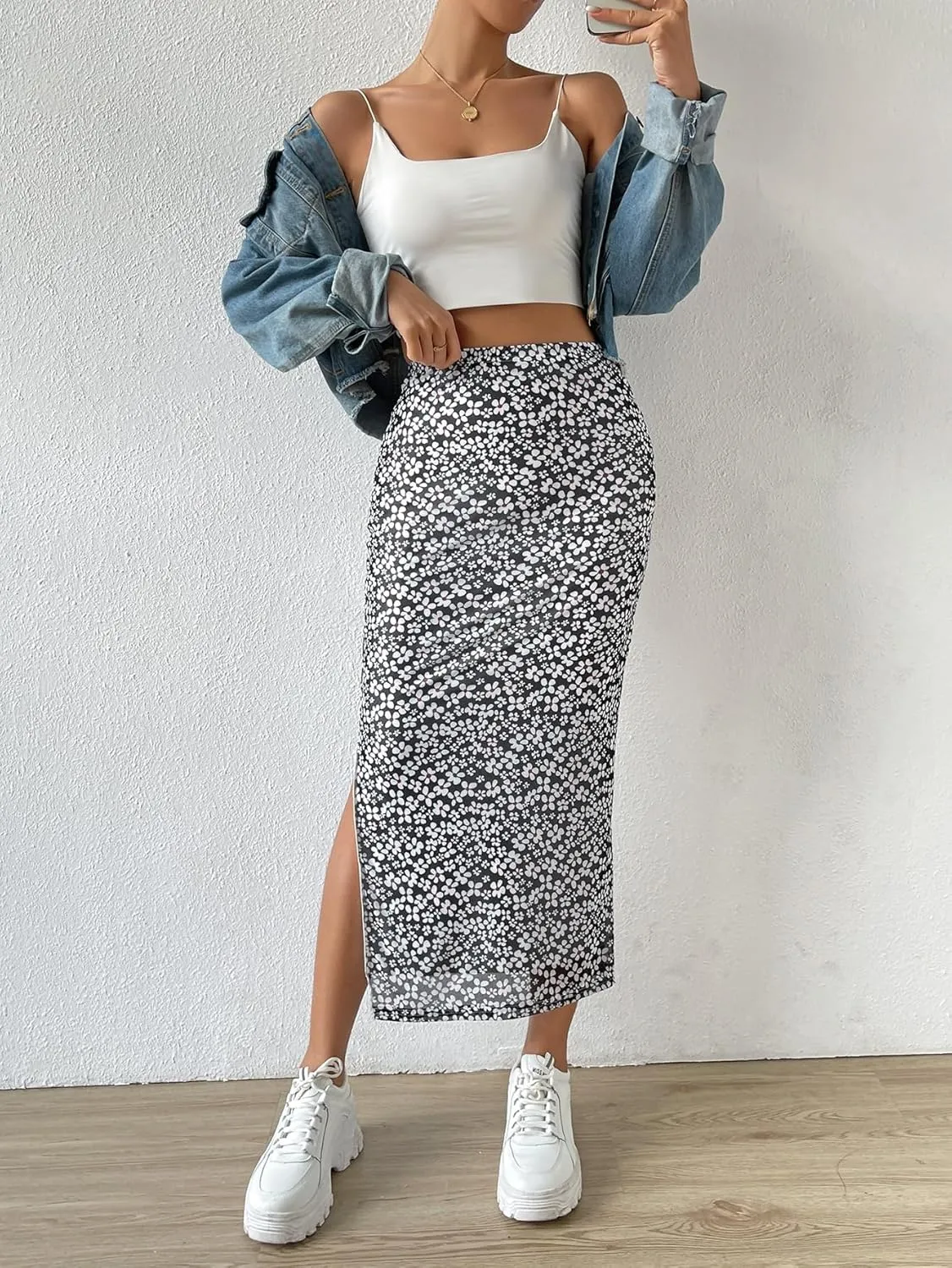 Milumia Women's Ditsy Floral Mesh Split Hem Long Skirt High Waisted Boho Midi Skirts
