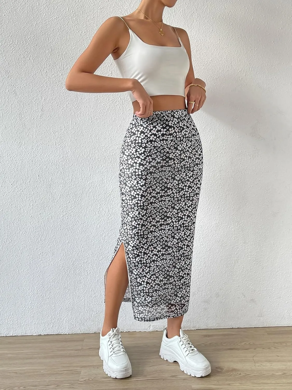 Milumia Women's Ditsy Floral Mesh Split Hem Long Skirt High Waisted Boho Midi Skirts