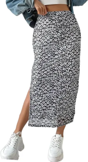 Milumia Women's Ditsy Floral Mesh Split Hem Long Skirt High Waisted Boho Midi Skirts