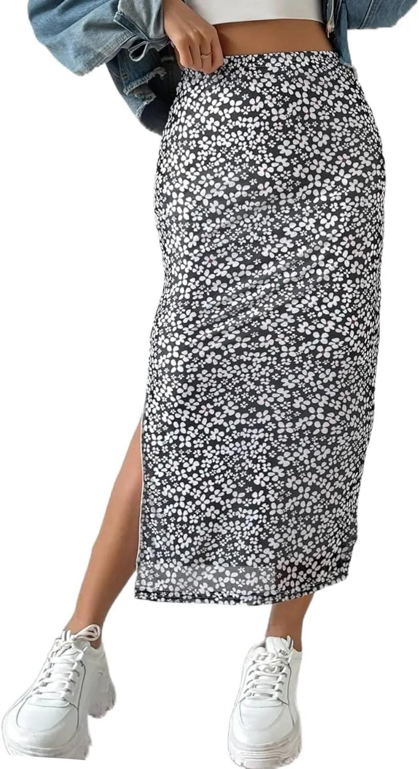 Milumia Women's Ditsy Floral Mesh Split Hem Long Skirt High Waisted Boho Midi Skirts