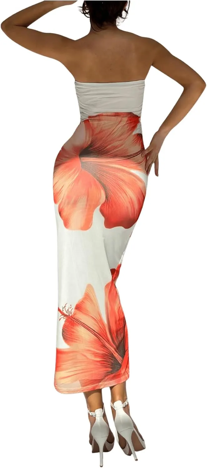 Milumia Women's Floral Strapless Bodycon Maxi Dress Summer Tube Top Dresses