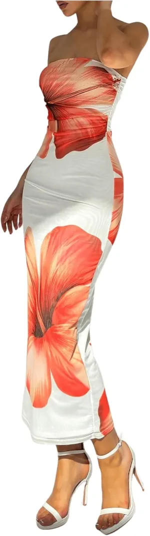 Milumia Women's Floral Strapless Bodycon Maxi Dress Summer Tube Top Dresses