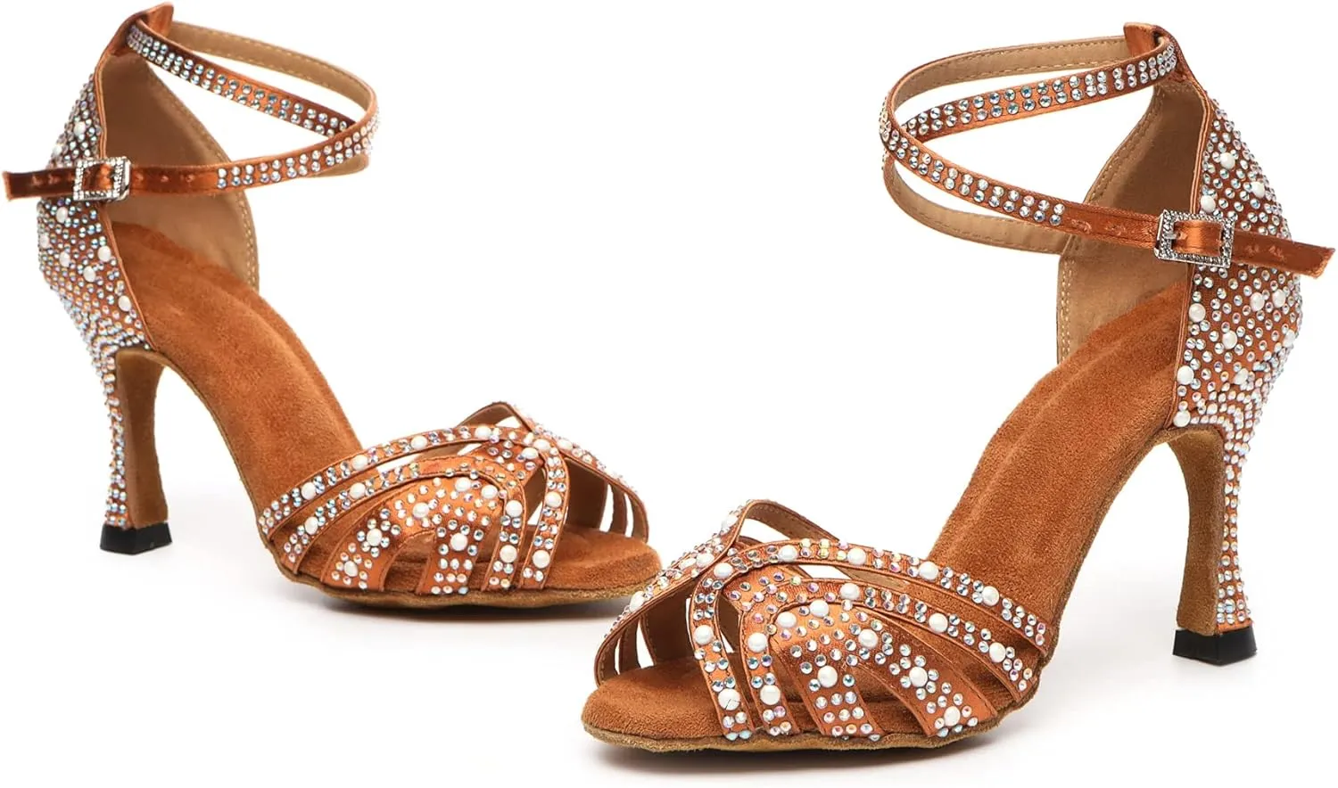 Minishion Comfortable High Heel Dance Shoes for Women Pearl Beaded Wedding Sandals