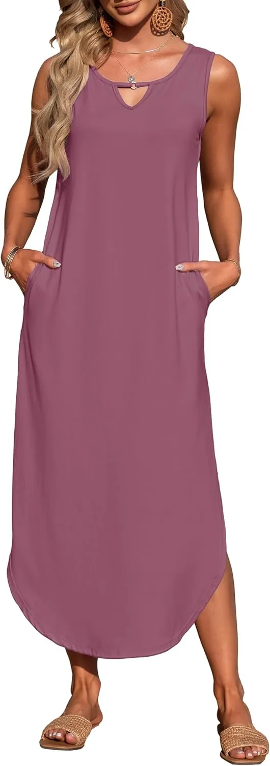 MISFAY Women's Summer Maxi Dress Sleeveless Loose Long Beach Split Dresses with Pockets