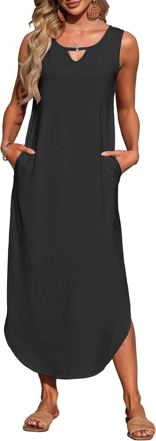 MISFAY Women's Summer Maxi Dress Sleeveless Loose Long Beach Split Dresses with Pockets