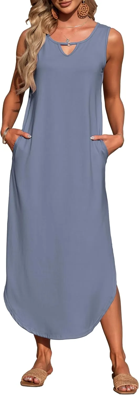 MISFAY Women's Summer Maxi Dress Sleeveless Loose Long Beach Split Dresses with Pockets