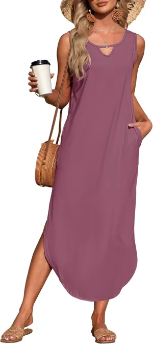 MISFAY Women's Summer Maxi Dress Sleeveless Loose Long Beach Split Dresses with Pockets