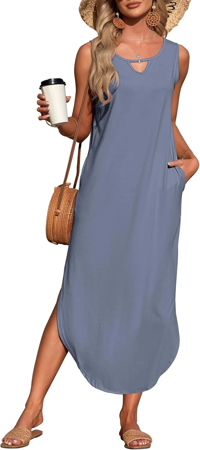 MISFAY Women's Summer Maxi Dress Sleeveless Loose Long Beach Split Dresses with Pockets