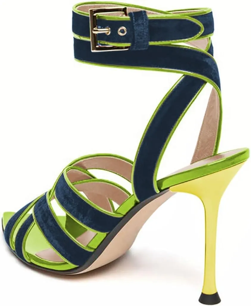 miss left Women Sexy Strappy Stiletto High Heel Sandals Open Pointy Toe Cross Straps Buckle Pumps Soft Velvet Weekend Party Shoes Size 4-16 US