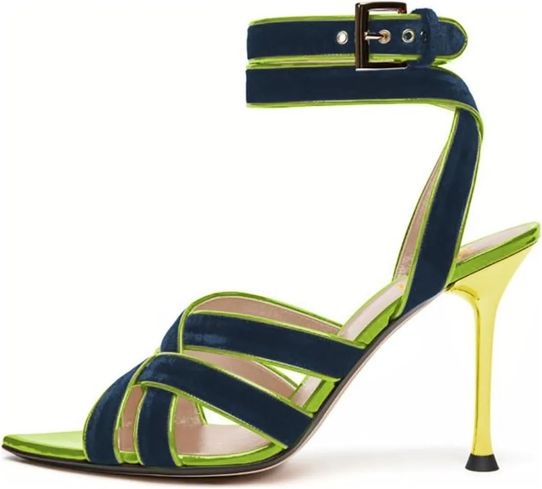 miss left Women Sexy Strappy Stiletto High Heel Sandals Open Pointy Toe Cross Straps Buckle Pumps Soft Velvet Weekend Party Shoes Size 4-16 US