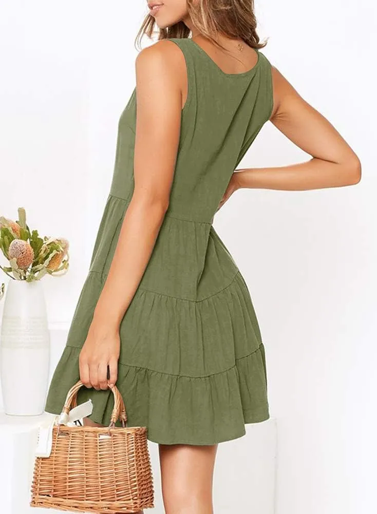 MITILLY Women's Casual T-Shirt Dresses Sleeveless V Neck Button Down A Line Loose Swing Short Dress with Pockets