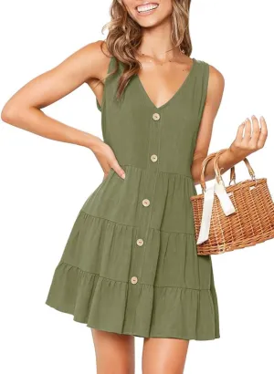 MITILLY Women's Casual T-Shirt Dresses Sleeveless V Neck Button Down A Line Loose Swing Short Dress with Pockets