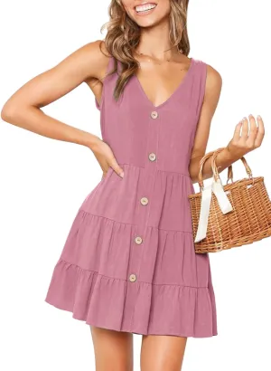 MITILLY Women's Casual T-Shirt Dresses Sleeveless V Neck Button Down A Line Loose Swing Short Dress with Pockets