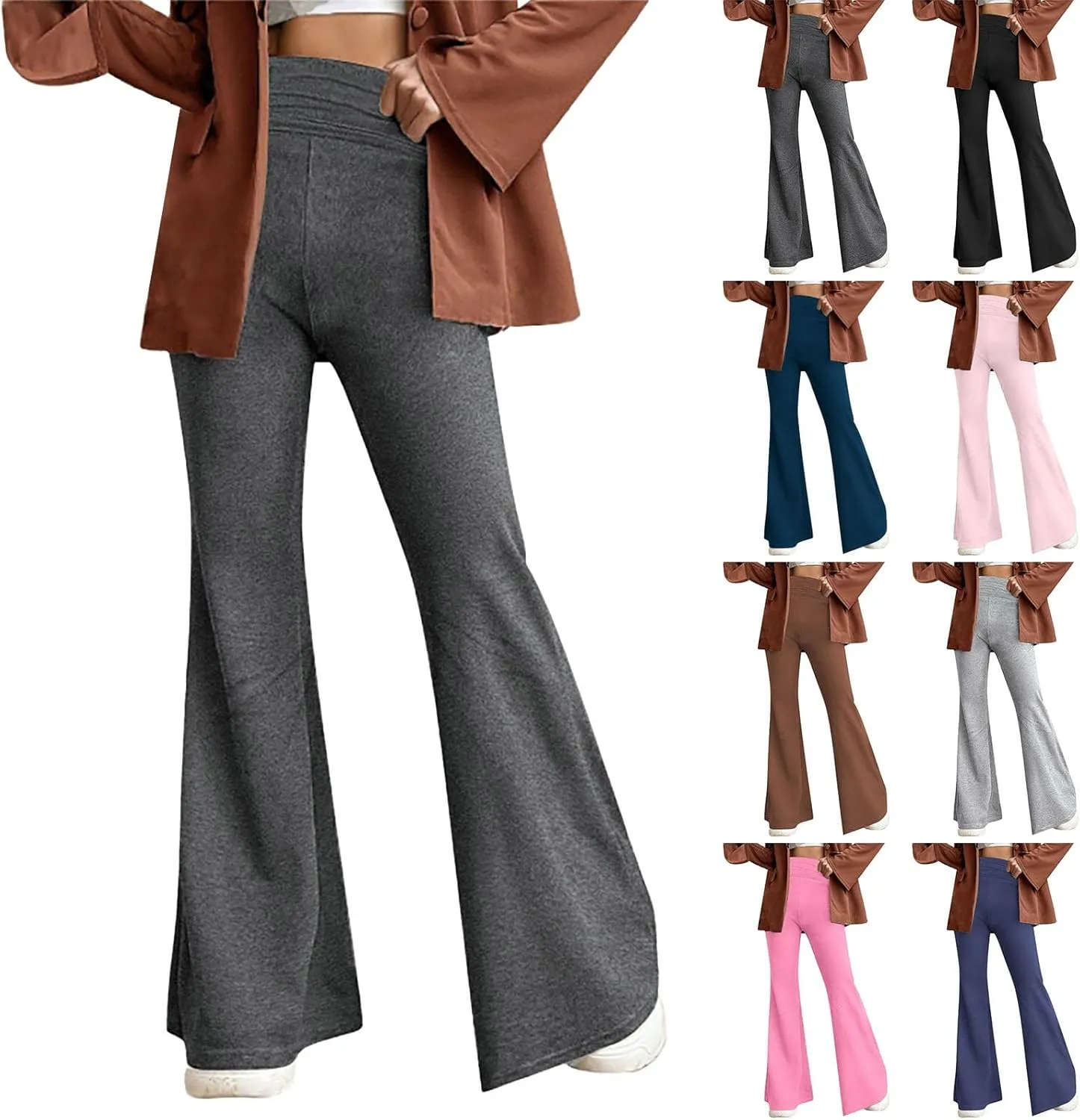 Miyaomn Women's Flare Leggings Fold Over Yoga Pants Y2K Low Rise Wide Leg Bell Bottom Sweatpants Soft Bootcut Skinny Leggings