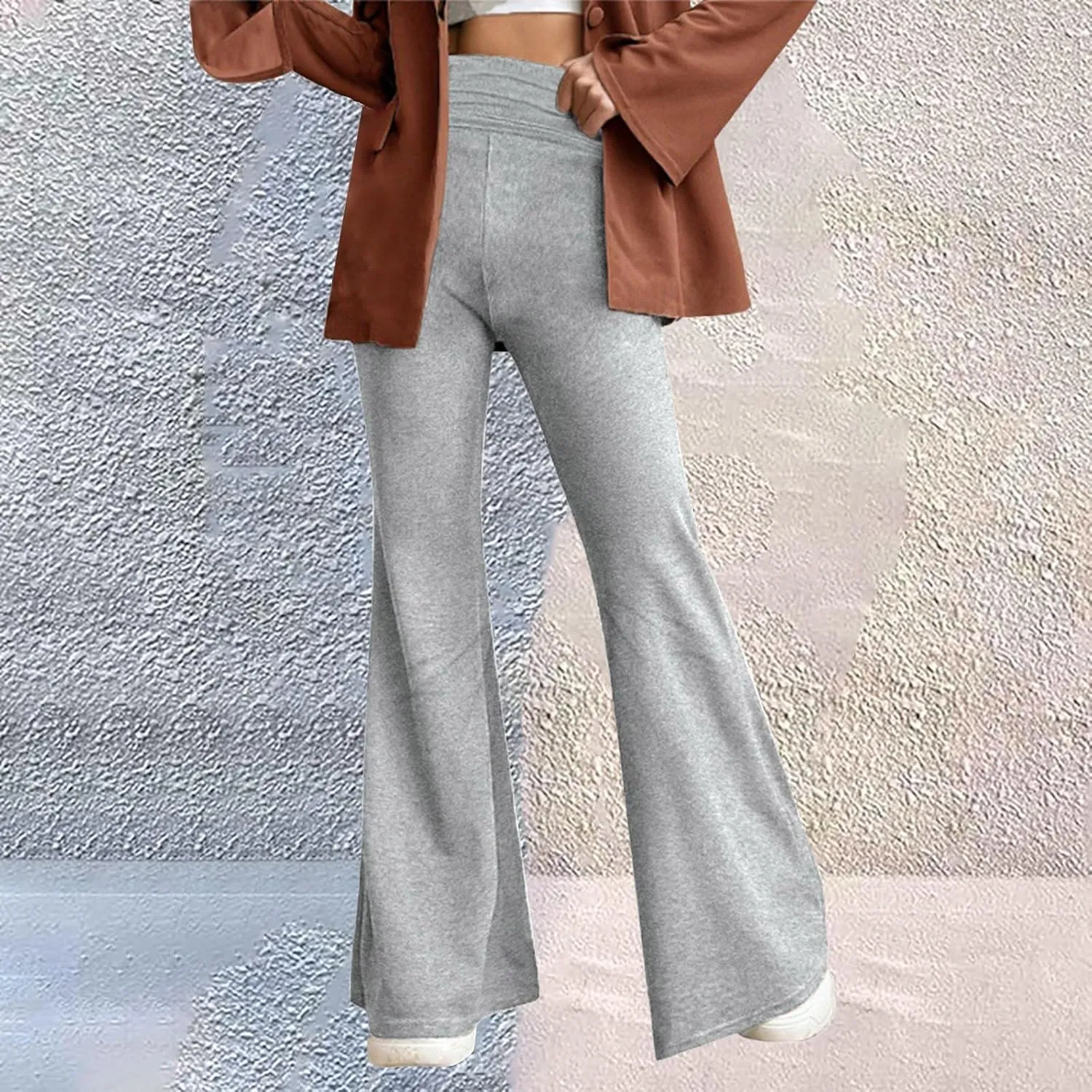 Miyaomn Women's Flare Leggings Fold Over Yoga Pants Y2K Low Rise Wide Leg Bell Bottom Sweatpants Soft Bootcut Skinny Leggings