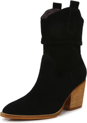mm Women's Modern Western Short Cowboy Leather Boot with Pull-Up Tabs, Slip On Pointed Toe Chunky Wooden Mid Heel Cowgirl Boots for Girls Ladies Fall, Black Khaki