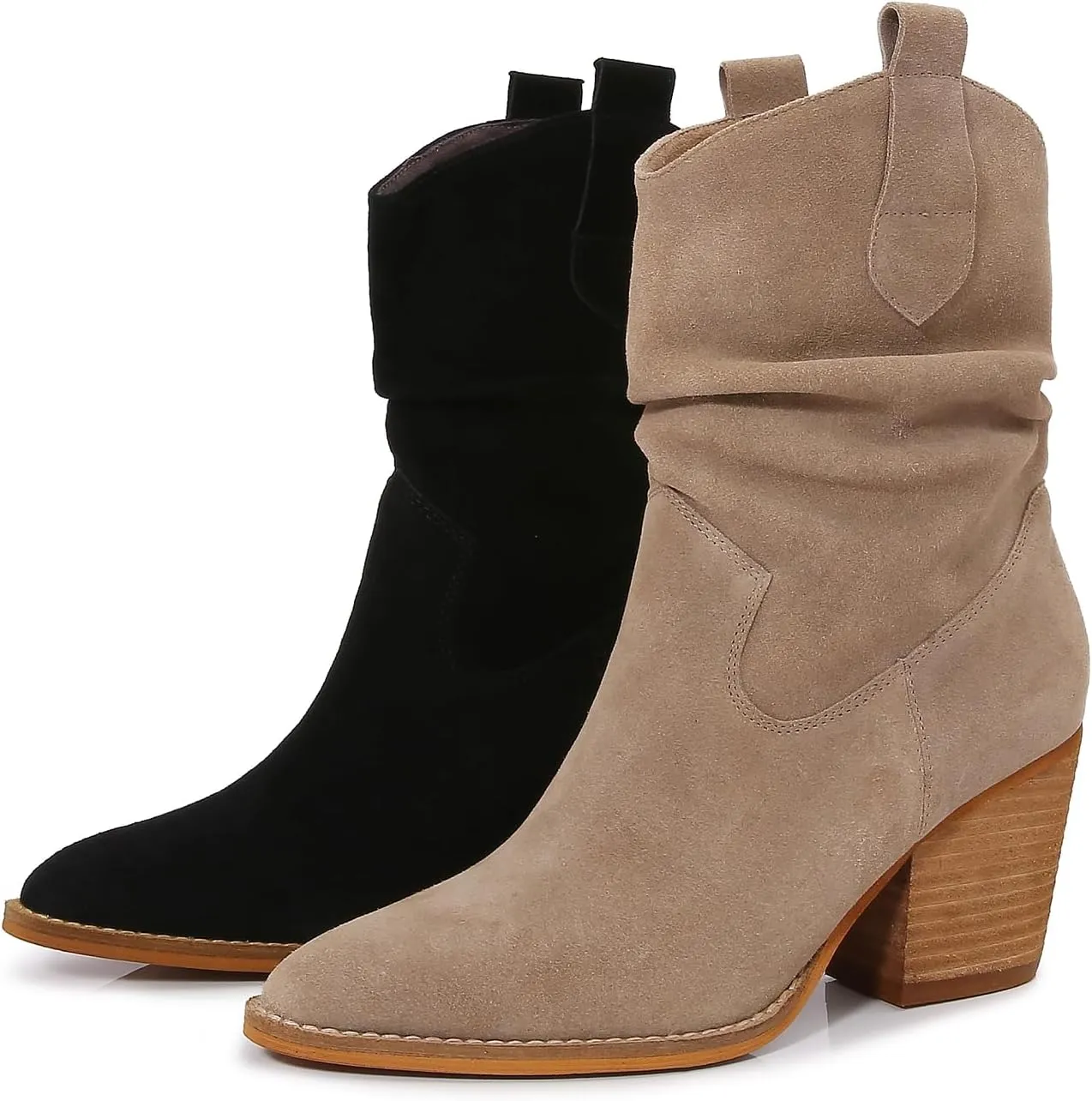 mm Women's Modern Western Short Cowboy Leather Boot with Pull-Up Tabs, Slip On Pointed Toe Chunky Wooden Mid Heel Cowgirl Boots for Girls Ladies Fall, Black Khaki