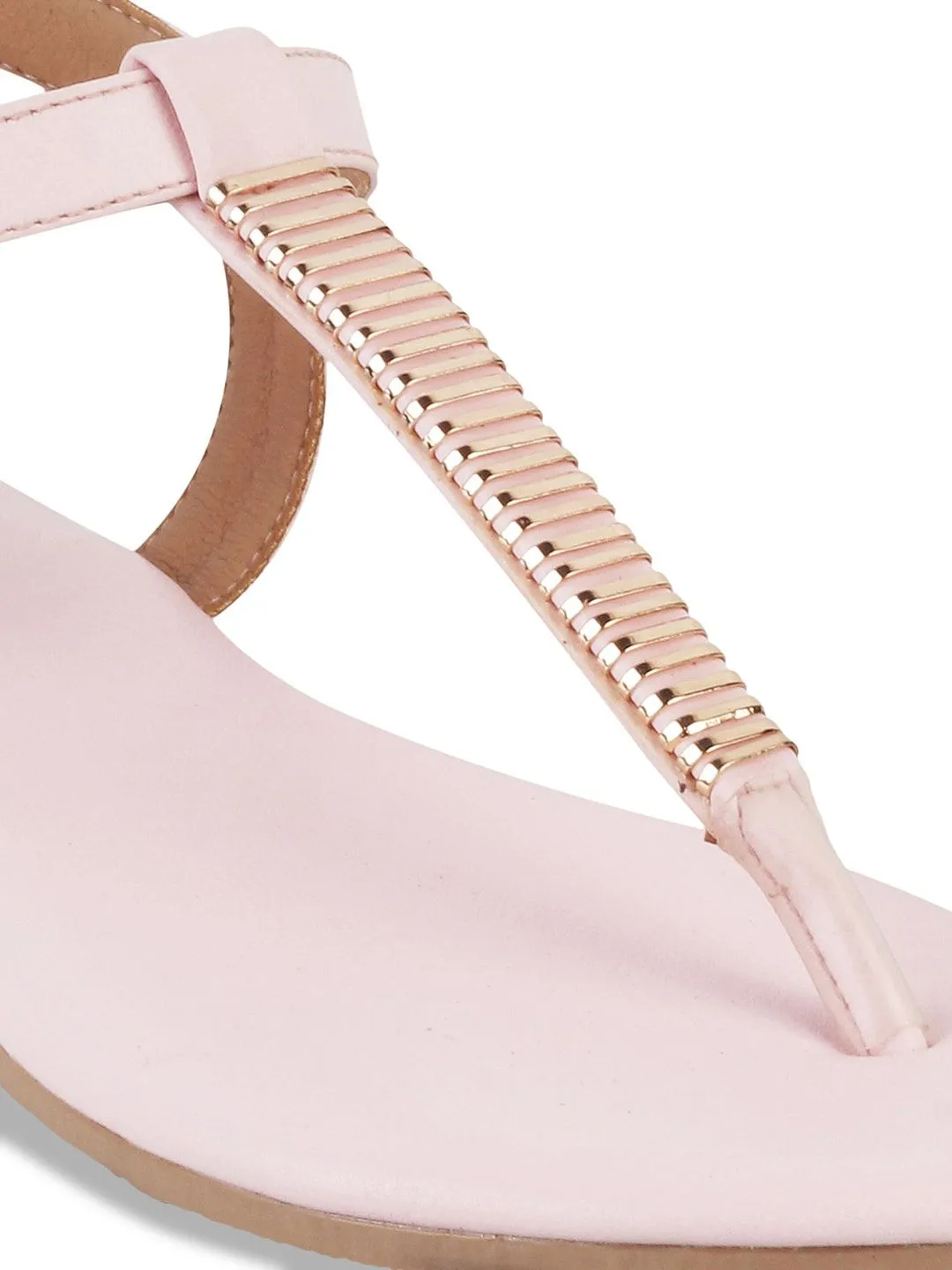 Mochi Women Pink Solid T-Strap Flats