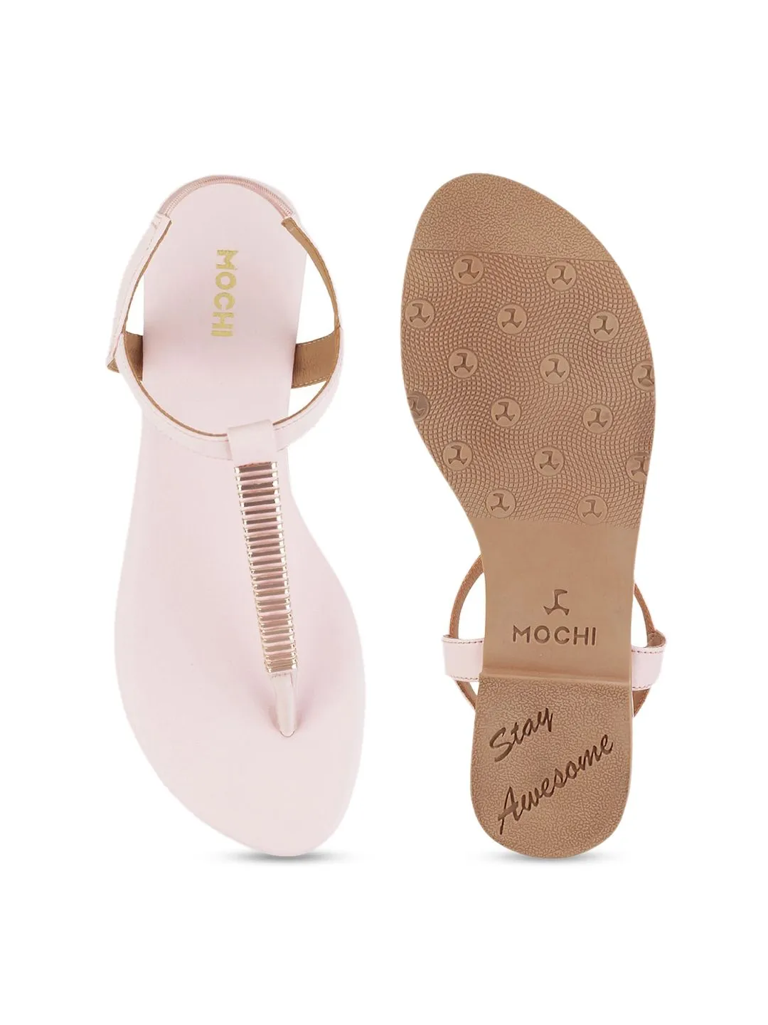 Mochi Women Pink Solid T-Strap Flats
