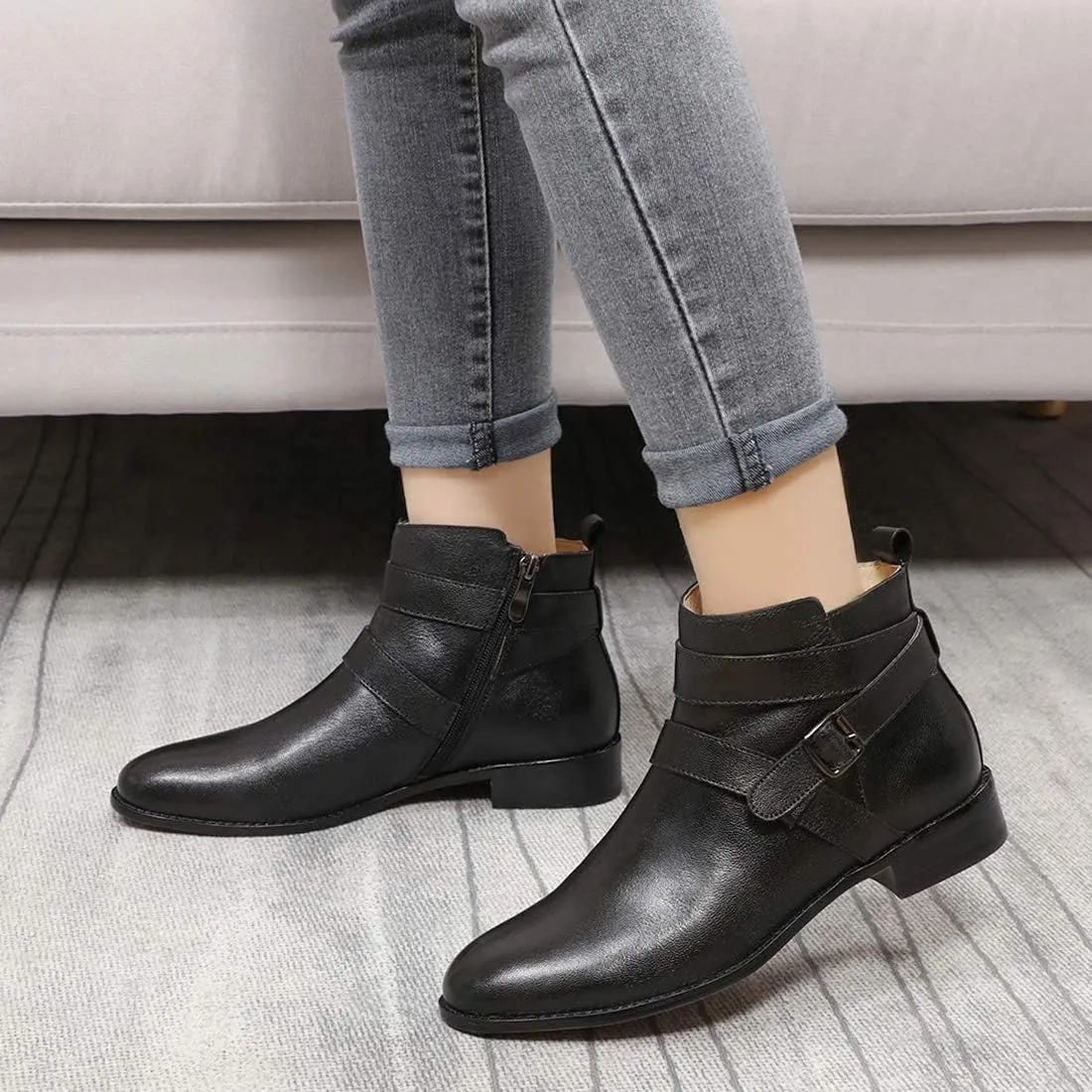 Mona flying Womens Leather Booties Ankle Boots with Side Zippers Low Heel Short Engineer Boots for Ladies